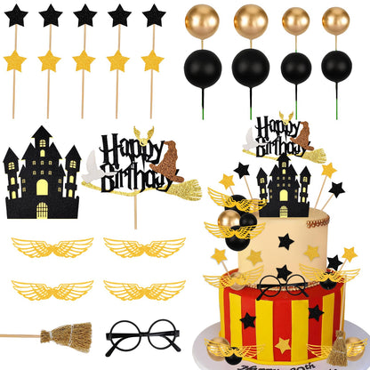 Rismise Wizard Cake Topper 26PCS Magical Wizard Themed Cake Decoration Black and Gold Ball Cupcake Cake Picks with Glasses Tie Wings Stars for Halloween Birthday Magical School Party Supplies