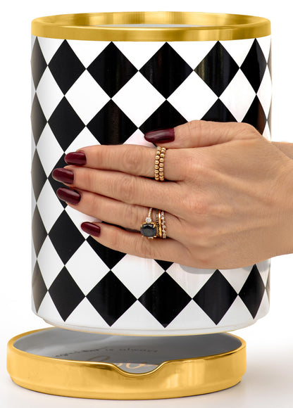 STYLED SETTINGS Black & White Checkered Utensil Holder Set – Large Ceramic Kitchen Utensil Holder for Countertop with Gold Spoon Rest – Stylish Checkered Kitchen Decor & Organizer