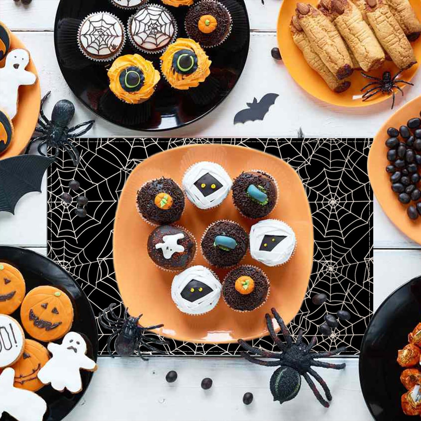 Halloween Placemats 18x12inch Spider Web Placemats Set of 8 for Table,Black Hallowmas Trick or Treats Events Linen Halloween Table Mats for Party Kitchen Dining Table Decor