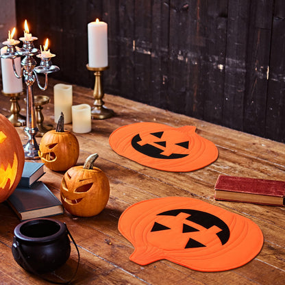 Widecook 4 Pcs Halloween Pumpkin Placemat Jack O Pumpkin Shaped Table Mats 13" x 14" Fall Autumn Harvest Table Decoration for Thanksgiving Holiday Festival Kitchen Dinner Tabletop Party Decor(Smile)