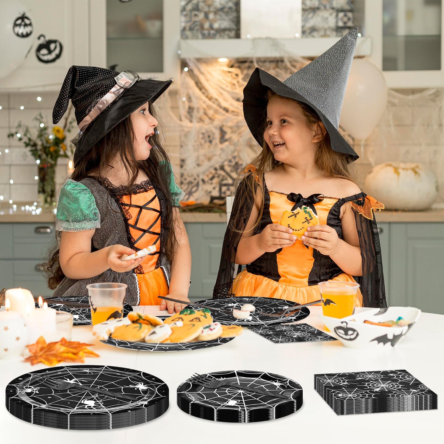 96 Pieces Halloween Spider Web Tableware Set Party Supplies – Disposable Plates, Napkins, and Forks, Black and White Spider Design for Halloween Haunted House Trick or Treat Event, Serves 24 Guests