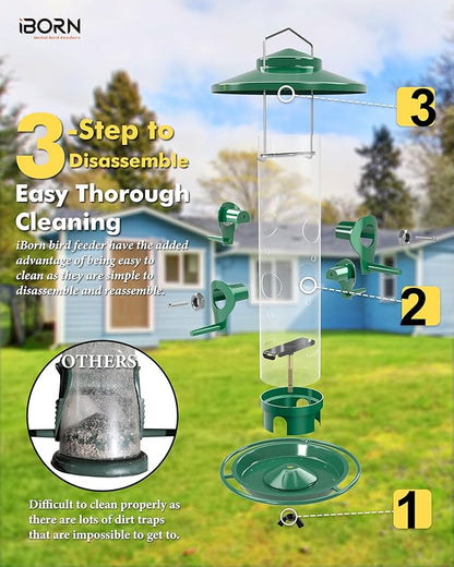 iBorn Bird Feeders for Outdoors, 2LB Metal Bird Feeders 17cm Large Roof &Tray, 4 Feeding Ports, Green Finish