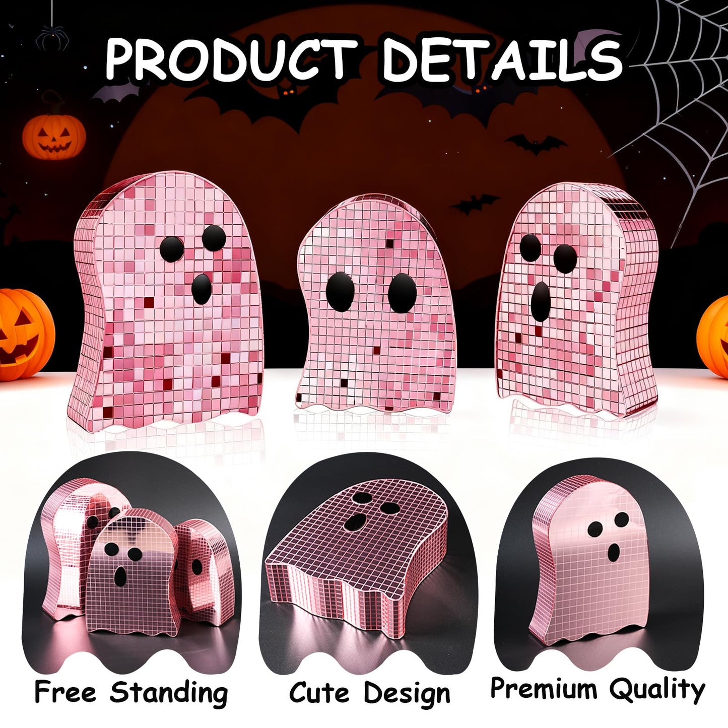 Sel Natural 3 Pcs Halloween Disco Ghost Decor,5.9" 7" 8.2" Ghost Mirror Disco Ball Indoor Glitter Spooky Ghost Sign Halloween Tiered Tray Decor Mosaic Table Centerpiece for Party Gift (Pink)