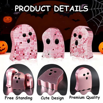 Sel Natural 3 Pcs Halloween Disco Ghost Decor,5.9" 7" 8.2" Ghost Mirror Disco Ball Indoor Glitter Spooky Ghost Sign Halloween Tiered Tray Decor Mosaic Table Centerpiece for Party Gift (Pink)