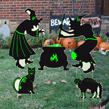 Halloween Yard Signs Decorations Outdoor - 5 Pack Large PVC Witch with Glow in The Dark, Warerproof Black Cat and Cauldron Decor, Halloween Decor with Stakes for Lawn Garden