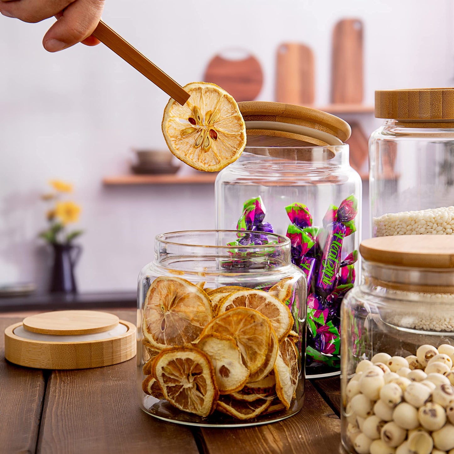 MOLADRI 480 ml / 16 oz clear cute glass storage canister holder with airtight bamboo lid, modern decorative small container jar for coffee, spice, candy, salt, cookie, condiment, pepper, sugar
