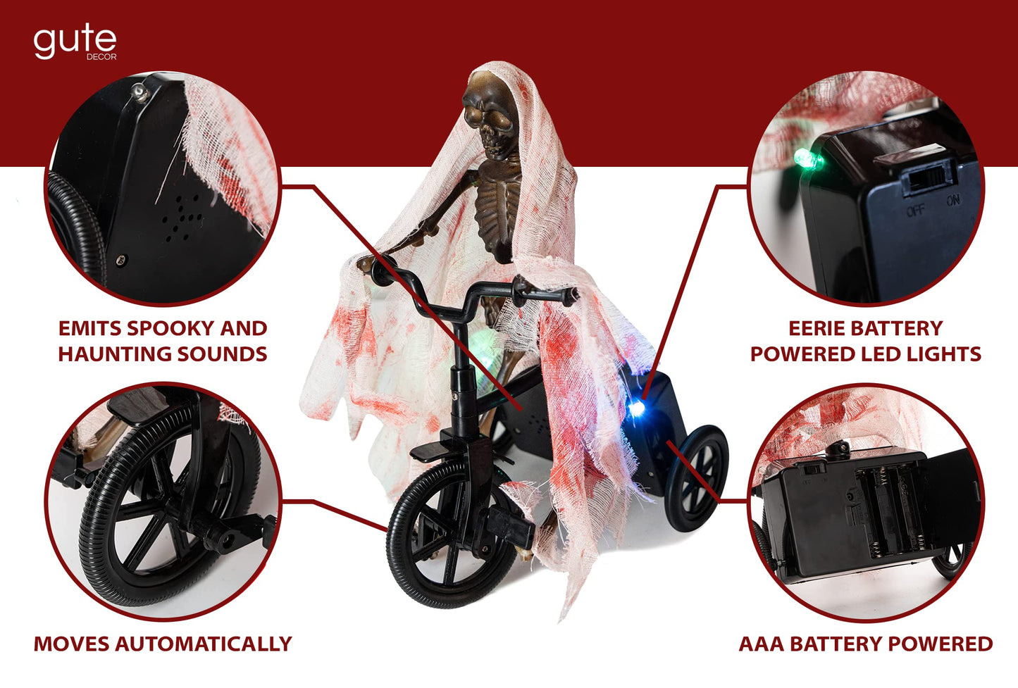 Animated Skeleton Riding Bike Prop – Moving Halloween Decoration with Lights and Spooky Sounds, Creepy Corpse Animatronic for Indoor & Outdoor Haunted House, Scary Yard Decor, Funny Novelty Skeletons