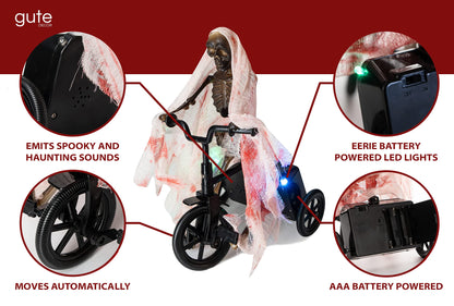 Animated Skeleton Riding Bike Prop – Moving Halloween Decoration with Lights and Spooky Sounds, Creepy Corpse Animatronic for Indoor & Outdoor Haunted House, Scary Yard Decor, Funny Novelty Skeletons