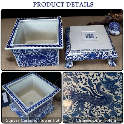 WLBHWL Chinoiserie Blue and White Chinese Porcelain Square Planter Jingdezhen Hand Painted Extra Large Flower Pots Square Porcelain