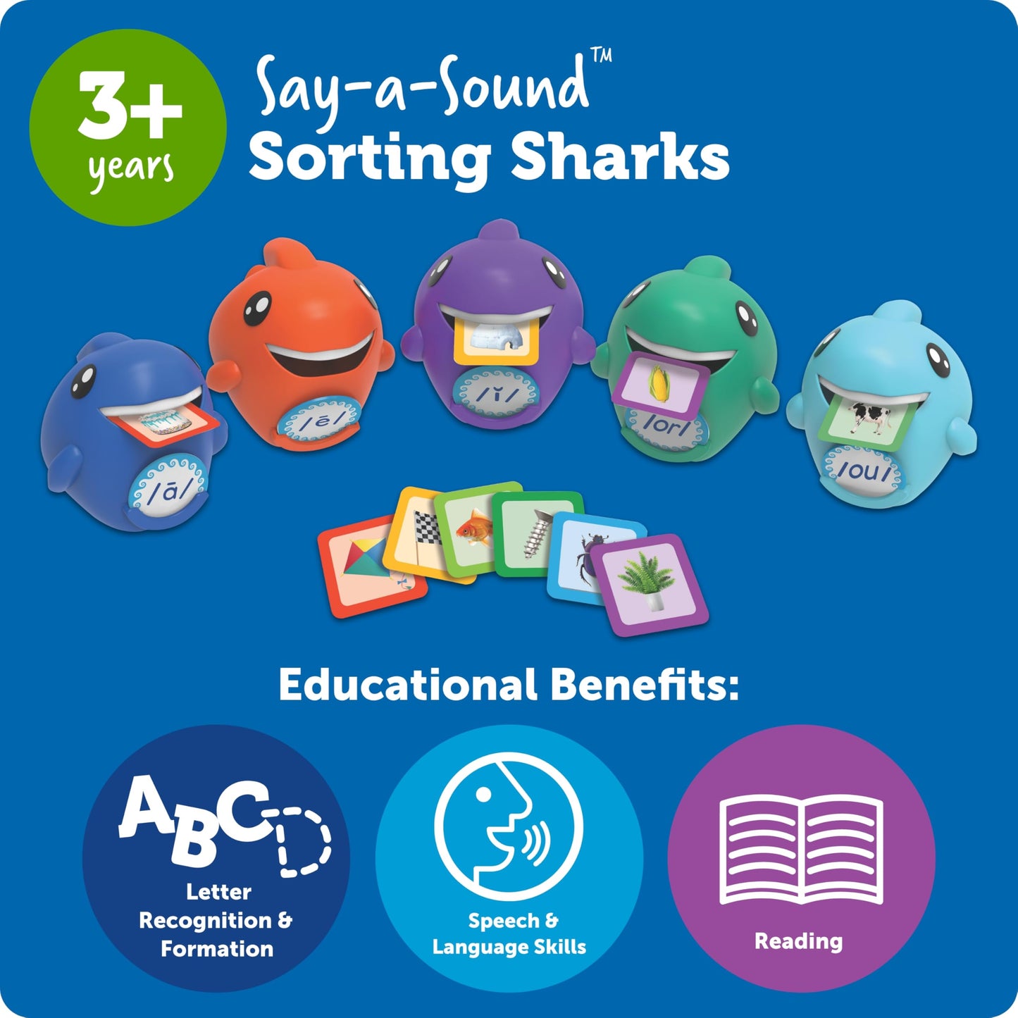 Learning Resources Say-a-Sound Sorting Sharks - Montessori Toys, Kindergarten Learning Activities, Phonemic Awareness Flash Cards, Dyslexia Tools for Kids, Speech Therapy Materials, Learn to Read