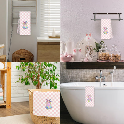 JINYO Ghost Kitchen Towels, Pink and White Checkered Hand Towels for Bathroom Kitchen Decor, Halloween Decorative Dish Tea Towels, 16x24 Inch