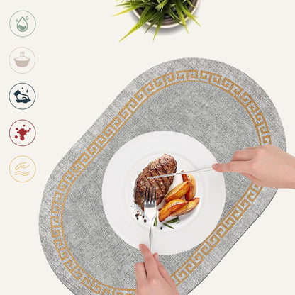 4-Piece Oval Placemats Set - Faux Leather Textured Placemats, Waterproof & Heat-Resistant Coasters, Non-Slip Table Mats for Kitchen Dining Table, Office Desk, Easy Clean, Stain Resistant (Oval-Grey)