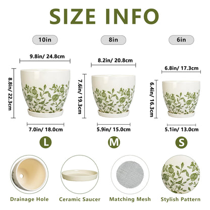 MPotTo Ceramic Flower Pots Indoor - 10+8+6 Inch Ceramic Planters for Outdoor Plants, Boho Round Planter Pots with Drainage Holes and Saucers, Plant Lover Gifts, Patio Decor, Set of 3, White