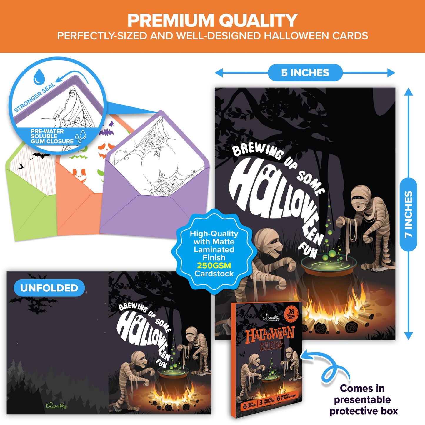 Decorably 18 Pack 5x7in Happy Halloween Cards with Envelopes and Stickers, 6 Adorable Designs Halloween Card Pack with Printed Message Inside