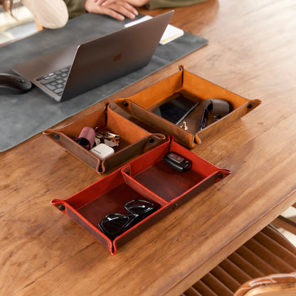 MayaCraft Handmade Leather Catch All Tray and Organizer for Keys, Phones, Jewels, Coins, Rectangular, Light Camel