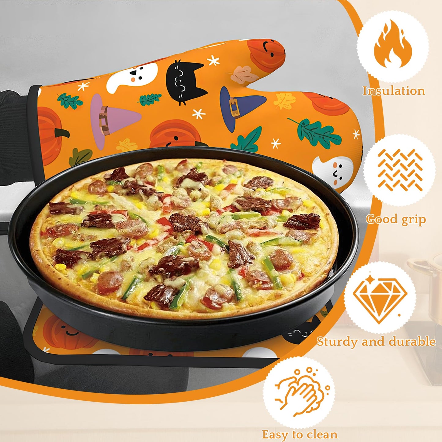 Halloween Pumpkins Oven Mitts and Pot Holders Set,Ghosts Black Cats Kitchen Decor Heat Resistant Non Slip Hot Pads and Oven Mitt for Chef Cooking Baking BBQ Mom Girl Gifts(4 Piece Set)