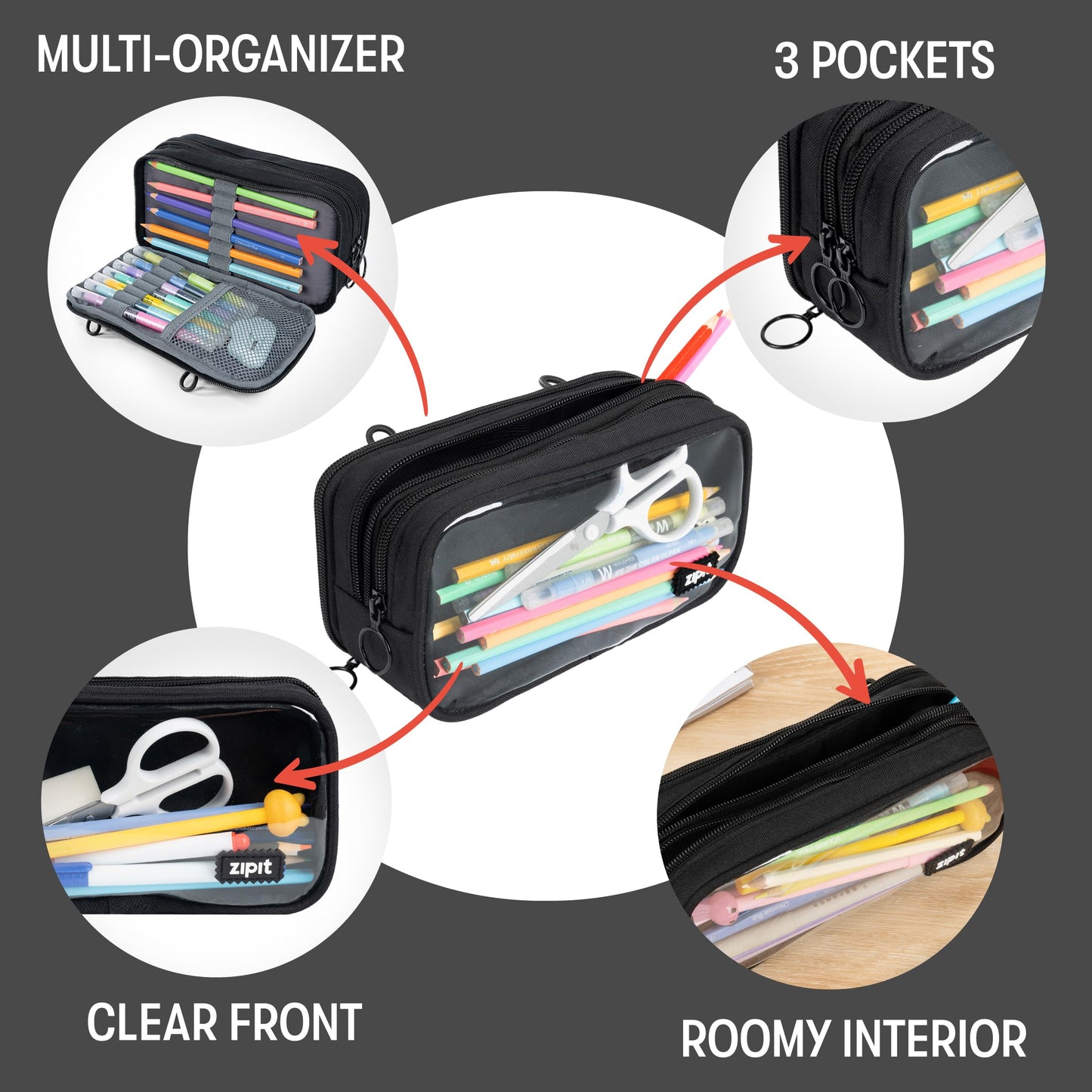 ZIPIT Half & Half Pencil Case, 3 Compartment Zipper Pouch for School, Stationery Bag for Teen Girls Boys and Adults, Black