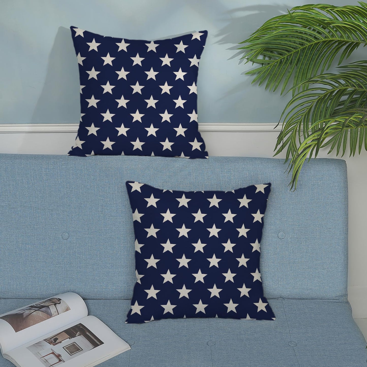 AGAYNA 4th of July Pillow Covers 18x18 Blue and Cream Patriotic Stars Outdoor Decor Throw Pillows for Couch Independence Day Memorial Day Pillowcase Decorative Cushion Case for Sofa Bed Set of 2