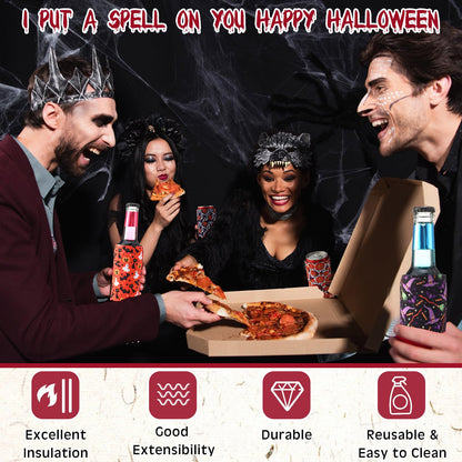 Potchen 24 Pcs Halloween Can Coolers Sleeves 12 oz Witch Skull Can Cooler Sleeves Neoprene Slim Beer Can Cooler Sleeves Bottle Insulator for Halloween Party Favors Gifts Decor Supplies