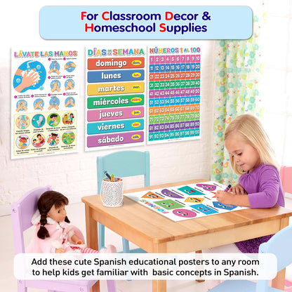 DeeDee's Workshop 16 Spanish Classroom Posters - Spanish Learning for Kids, Abecedario para Niños en Español, Days of the Week & Calendar