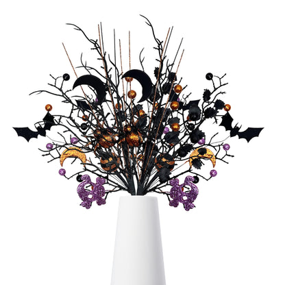 4PCS Halloween Tree Picks Decorative, Black Branches with Glittery Spider,4-Piece Set, Black Branches and Purple Spooky Branch Sprays, Indoor Halloween Decor for Table Centerpieces, Vase Bouquet