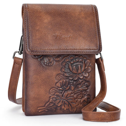 VIMUTI Small Crossbody Bags for Women Trendy Vegan Leather Cell Phone Bag Embossed Flower Design Wallet Purses with Strap (01-Brown)
