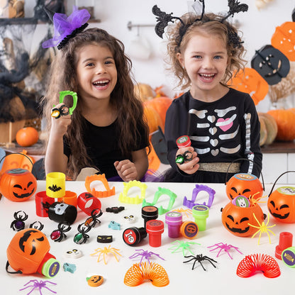 168PCS Halloween Party Favor for Kids, 24Pack Prefilled Halloween Pumpkins with Toys, Spider, Vampire Teeth, Spider Ring, Springs, Erases and Stamps for Trick or Treat, Halloween Goodies Bag Stuffers