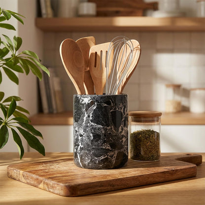 Radicaln Marble Utensil Holder 6.5" Inches Black Handmade Spatula Set for Kitchen Counter, Cooking Utensils Jar & Kitchen Essentials Organizer, Ideal Utensil Caddy & Spoons Holder