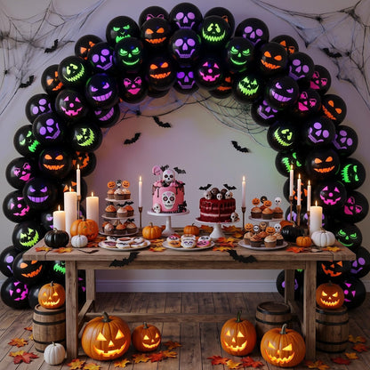 Kasyat 50 Pcs Halloween Neon Glow Ghost Balloons 12 Inches Black Light Reactive Fluorescent Latex Balloons Fluorescent for Halloween Funny Party Decoration