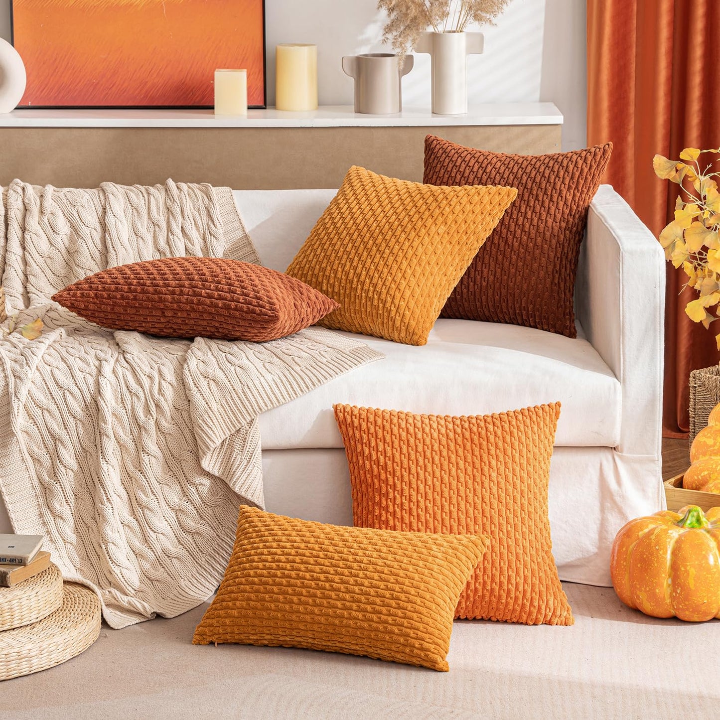 MIULEE Orange Throw Pillow Covers Soft Corduroy Decorative Set of 2 Boho Striped Pillow Covers Pillowcases Farmhouse Home Decor for Halloween Couch Bed Sofa Living Room 20x20 Inch