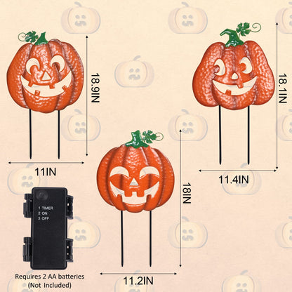Juegoal 3 Pack Halloween Lighted Pumpkin Garden Stakes, Metal Jack-o-Lantern Light Up Outdoor Decor, Halloween Yard Signs with Battery Powered & Timer, Decorative Pumpkins Figurine for Lawn Pathway