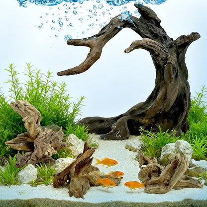 Aquarium Driftwood Decor Set - 1 Anubias Resin Model & 3Pcs Small Natural Driftwood 2-4 inch for Aquascaping, Fish Tank Landscape Design