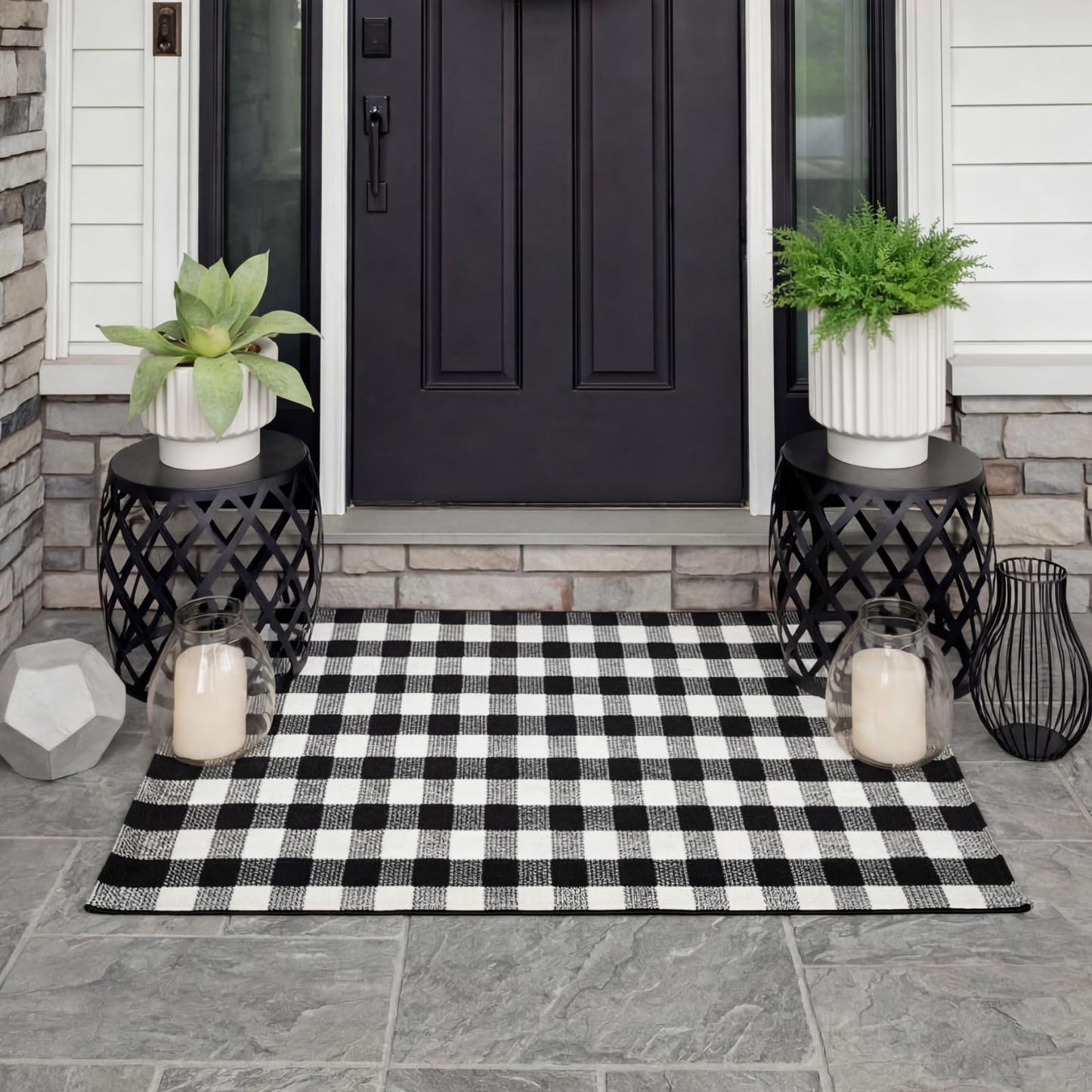 Drydiet Black and White Checkered Area Rug 27.5" x 43" Cotton Woven Washable Buffalo Plaid Outdoor Rug for Layered Door Mat Farmhouse Front Porch Entryway Indoor Outdoor