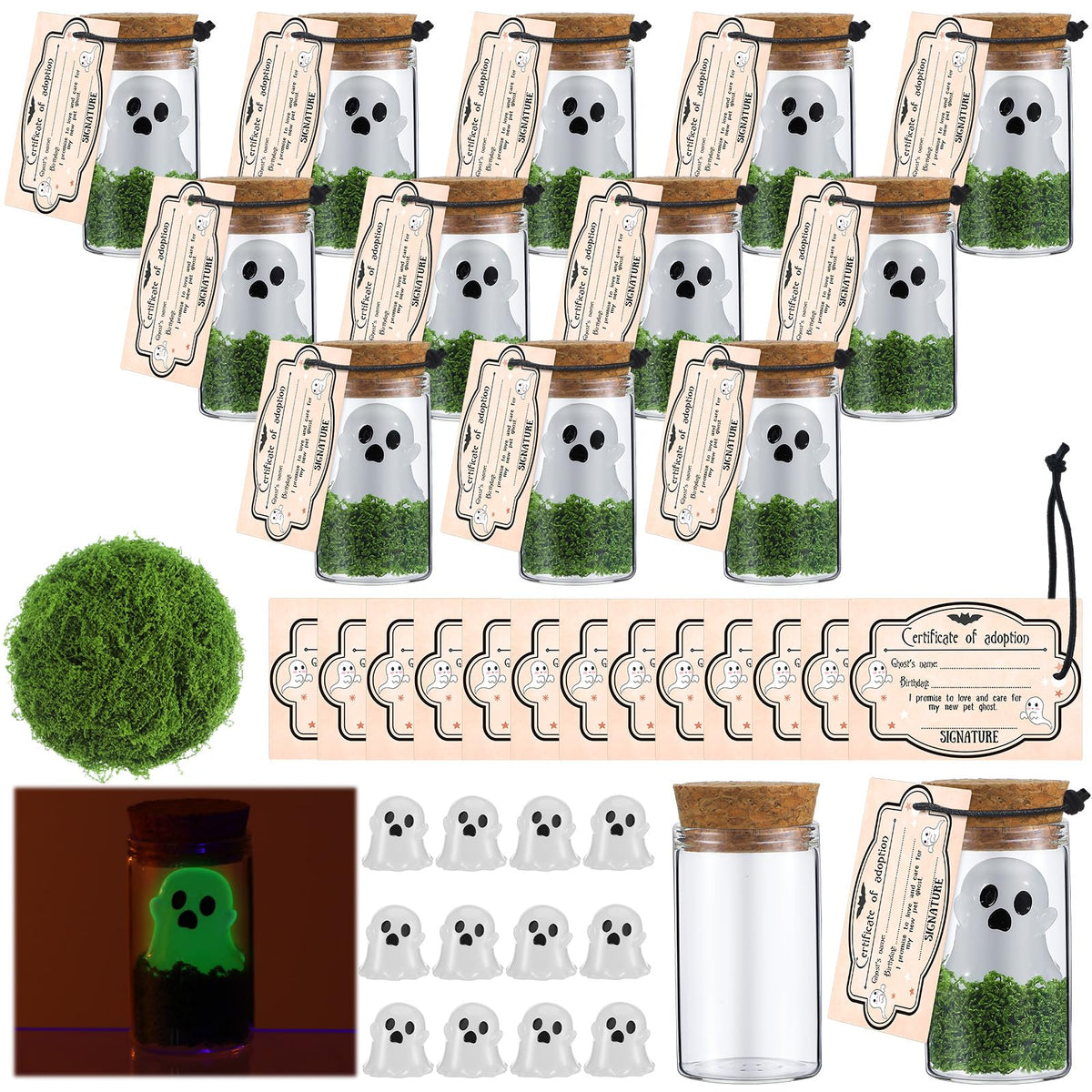 Vicenpal 37 Pcs Valentines Day Adopt a Ghost in a Mason Jar Glow in the Dark Ghost Bottle Bulk with Moss and Card Cute Valentine Figurine Bulk for Valentines Decorations DIY Party Gifts