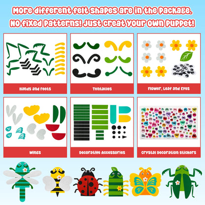 WATINC 6Pcs Hand Puppet Making Kit, Art Craft Felt Sock Puppet Toys, Creative DIY Make Your Own Pompoms Wiggle Googly Eyes Storytelling Role Play Party Supplies Gift for Girls Boys (Insect)