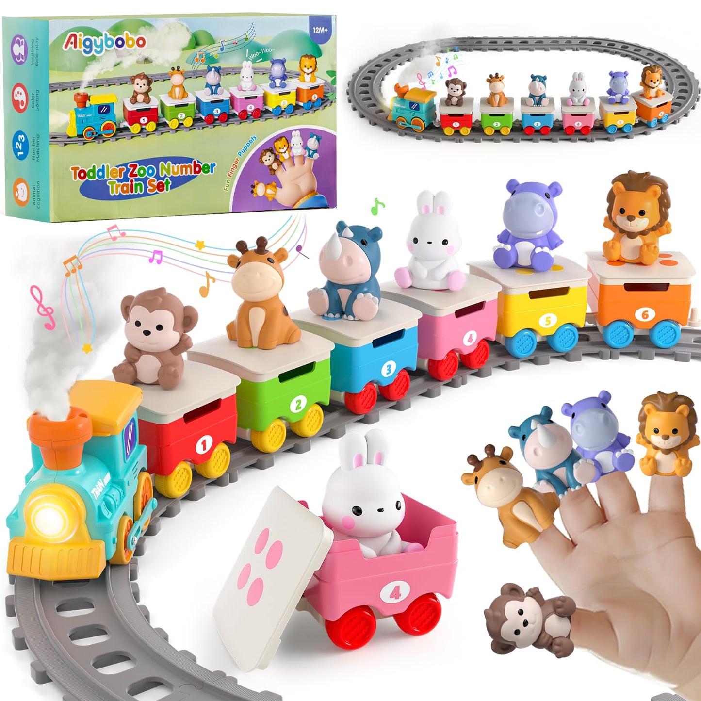 Toddler Toys for 1 2 3 Year Old, Electric Zoo Animal Train Set with Music, Lights & Steam, Montessori Counting, Matching & Sorting Learning Toys, Christmas Birthday Gifts for Baby Boys Girls 18 M+