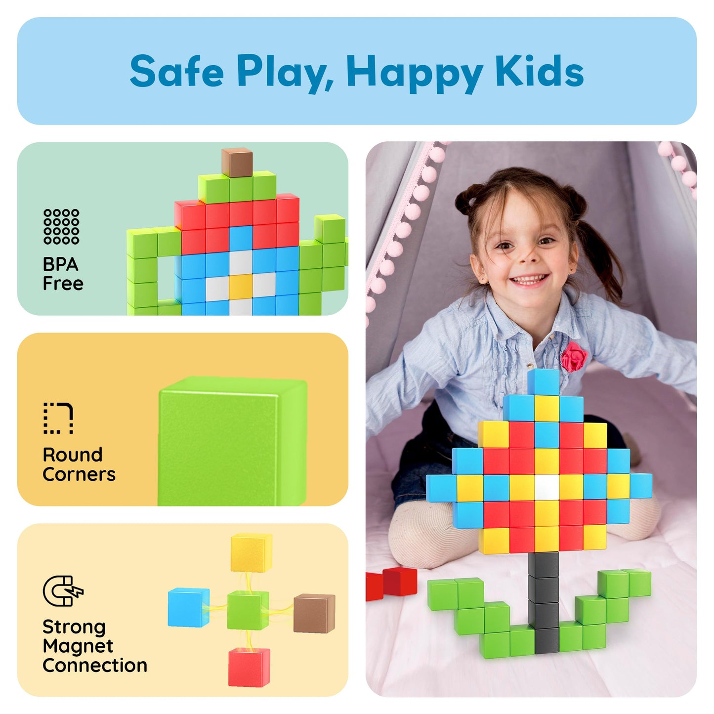 PicassoTiles 60pc Magnetic Puzzle Cube Building Set 1 Inch 3D Blocks STEM Construction Toy for Toddlers Kids Boys Girls Age 3+ Montessori Learning Travel Sensory Gift with Educational Idea Book PMC60