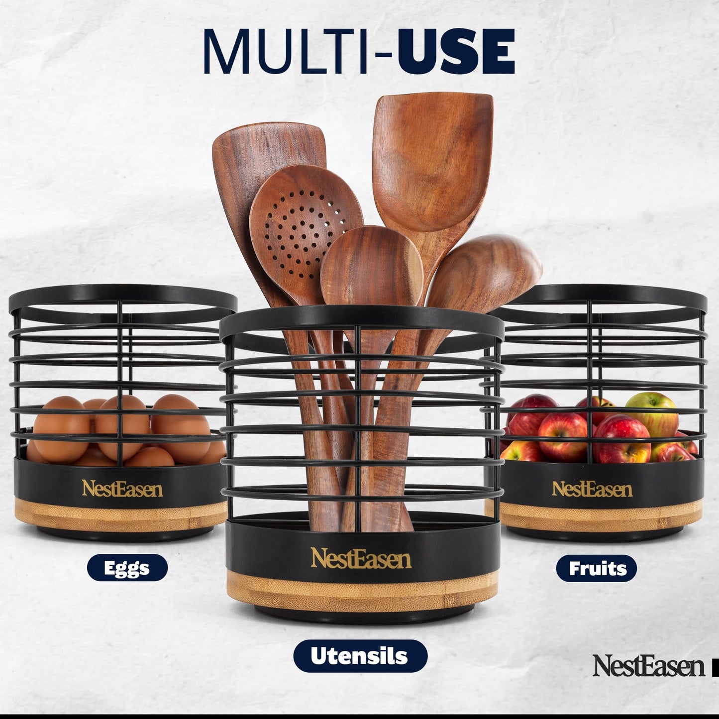 NestEasen Utensil Holder for Kitchen Counter - Rotating Utensil Holder for Countertop, Wooden Steel Spatula Holder Organizer, Large Decor Caddy for Kitchen Utensils and Cooking Spoon Container