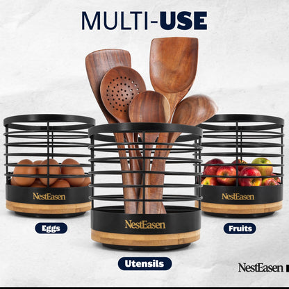 NestEasen Utensil Holder for Kitchen Counter - Rotating Utensil Holder for Countertop, Wooden Steel Spatula Holder Organizer, Large Decor Caddy for Kitchen Utensils and Cooking Spoon Container