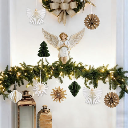 PAPER JAZZ Paper Ornaments for Christmas Tree,Angel Christmas Ornaments with Green Honeycomb Christmas Tree,Gold White Paper Snowflakes Hanging for Christmas Party,New Year,Wedding.