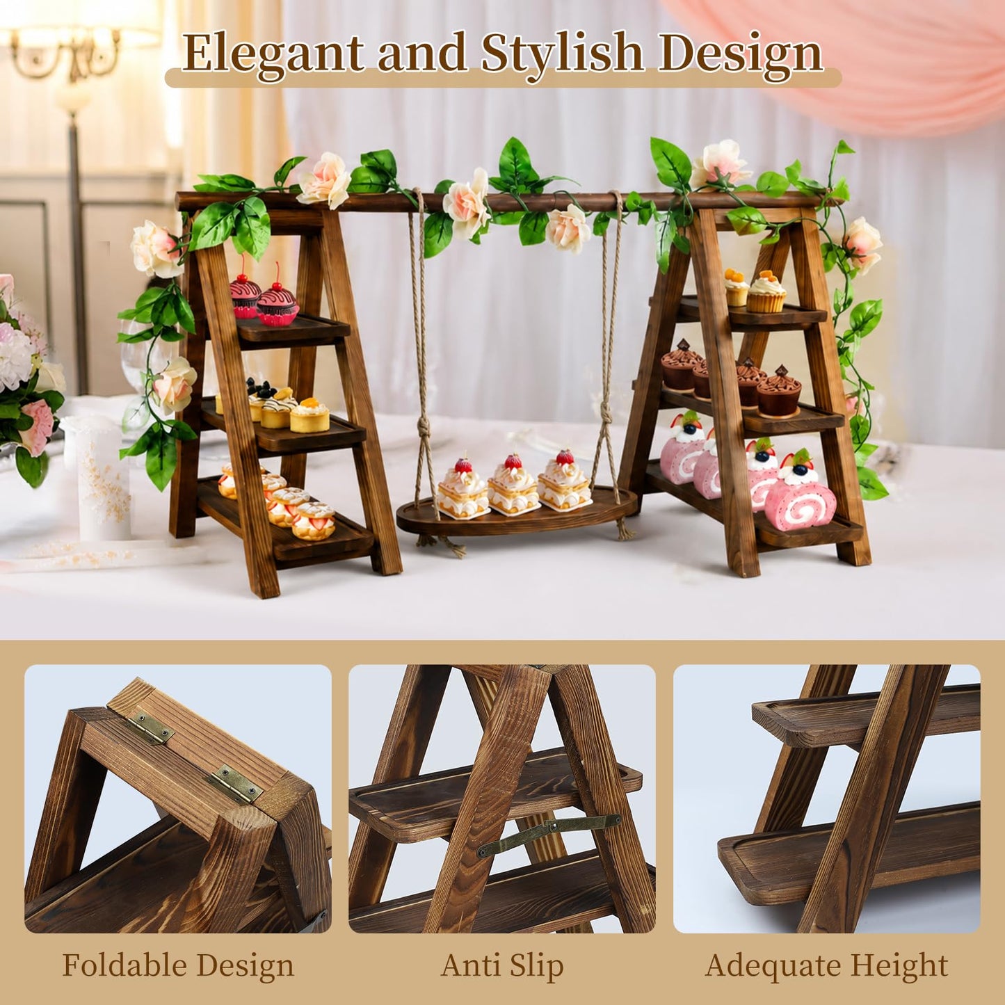 Large Wooden 3 Tier Swing Cupcake Stand with Flower Decor, Removable Trays, Foldable Ladder Display for Cake, Snacks, Fruit, Bread, Party & Catering Centerpieces