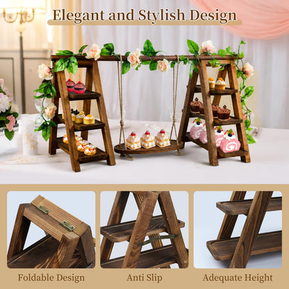 Large Wooden 3 Tier Swing Cupcake Stand with Flower Decor, Removable Trays, Foldable Ladder Display for Cake, Snacks, Fruit, Bread, Party & Catering Centerpieces