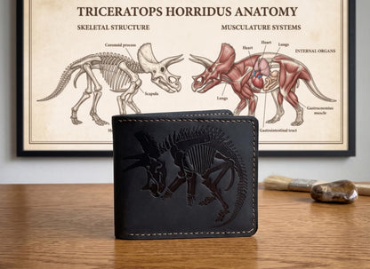 Mayan Corner Handmade Genuine Leather Wallet for Men – Embossed Dinosaur Skeleton Design – Slim Bifold Wallet – Triceratops