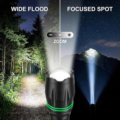 HAUSBELL T8 A100 2000 Lumen Flashlight 4 Pack with Glow-in-Dark Ring, Heavy-Duty Aluminum Tactical Flashlights High Lumens, 5 Modes Zoomable Waterproof LED for Emergency Camping Hiking Home Use