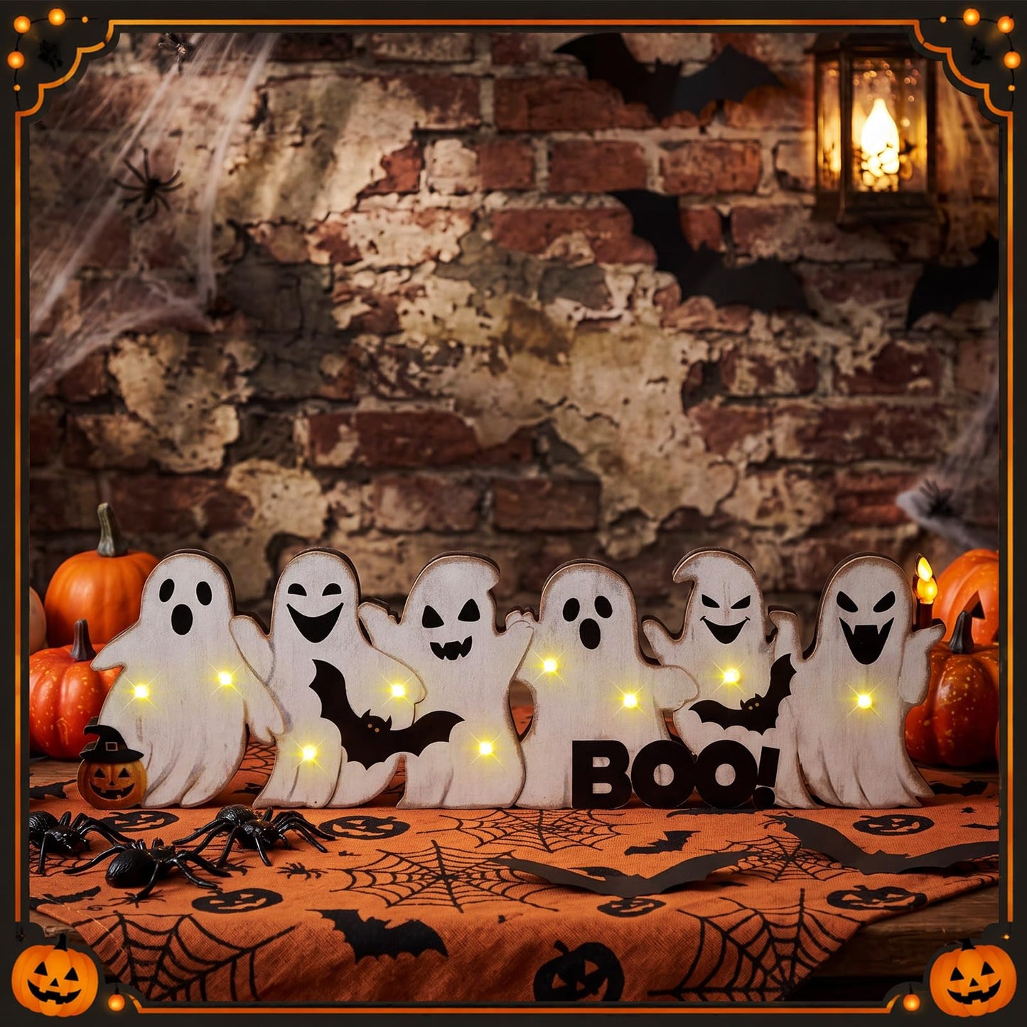 Geetery Halloween Ghost LED Wooden Sign Rustic Wooden Boo Decor Light up Boo Sign Tabletop Centerpiece Decor Ghost Bat Decorations for Halloween Mantel Table Home Indoor Party