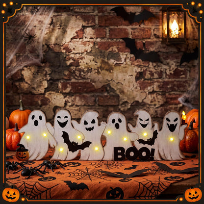 Geetery Halloween Ghost LED Wooden Sign Rustic Wooden Boo Decor Light up Boo Sign Tabletop Centerpiece Decor Ghost Bat Decorations for Halloween Mantel Table Home Indoor Party
