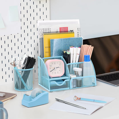 13-in-1 Office Desk Organizer Set with Stapler and Tape Dispenser, Pen Holder, Scissors, Ruler, Hole Punch, 2 Pens & More Desktop Accessories for Back to School Supplies (Blue)