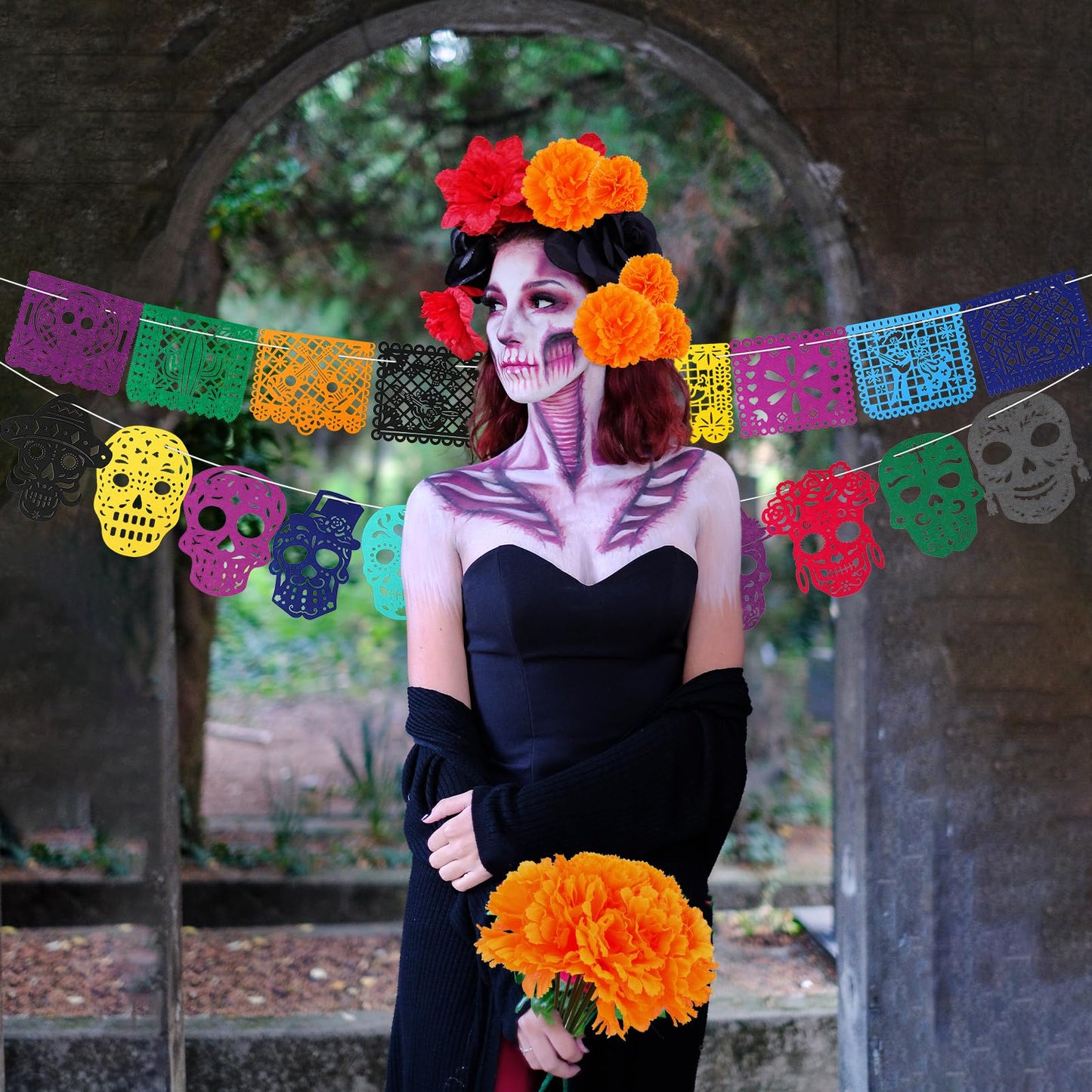 HOWAF Dia De Los Muertos Decorations Ofrenda Set, Day of The Dead Decor for Altar with Papel Picado Banner Marigold Flowers Garland for Ofrendas Alter Supplies, Mexican Halloween Diwali Party Supplies