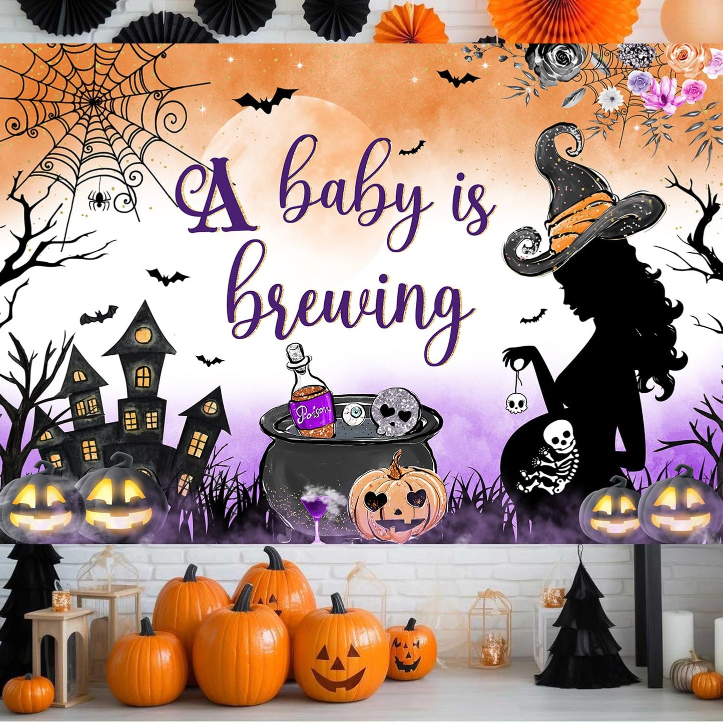 Withu A Baby is Brewing Backdrop Halloween Baby Shower Pregnant Witch Pumpkin Cobweb Haunted House Castle Gender Reveal Baby Boy Girl Newborn Party Decoration Banner Background 6x4ft