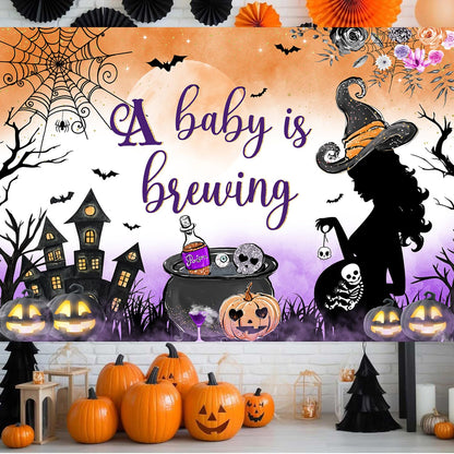 Withu A Baby is Brewing Backdrop Halloween Baby Shower Pregnant Witch Pumpkin Cobweb Haunted House Castle Gender Reveal Baby Boy Girl Newborn Party Decoration Banner Background 6x4ft